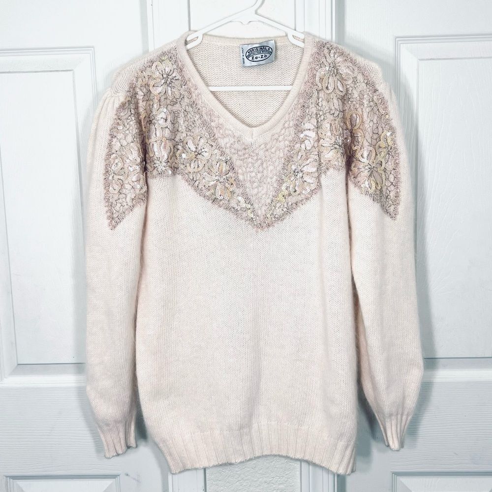 Vintage 80’s Za-Za Angora Lambswool Sequin Sweater Size Medium
